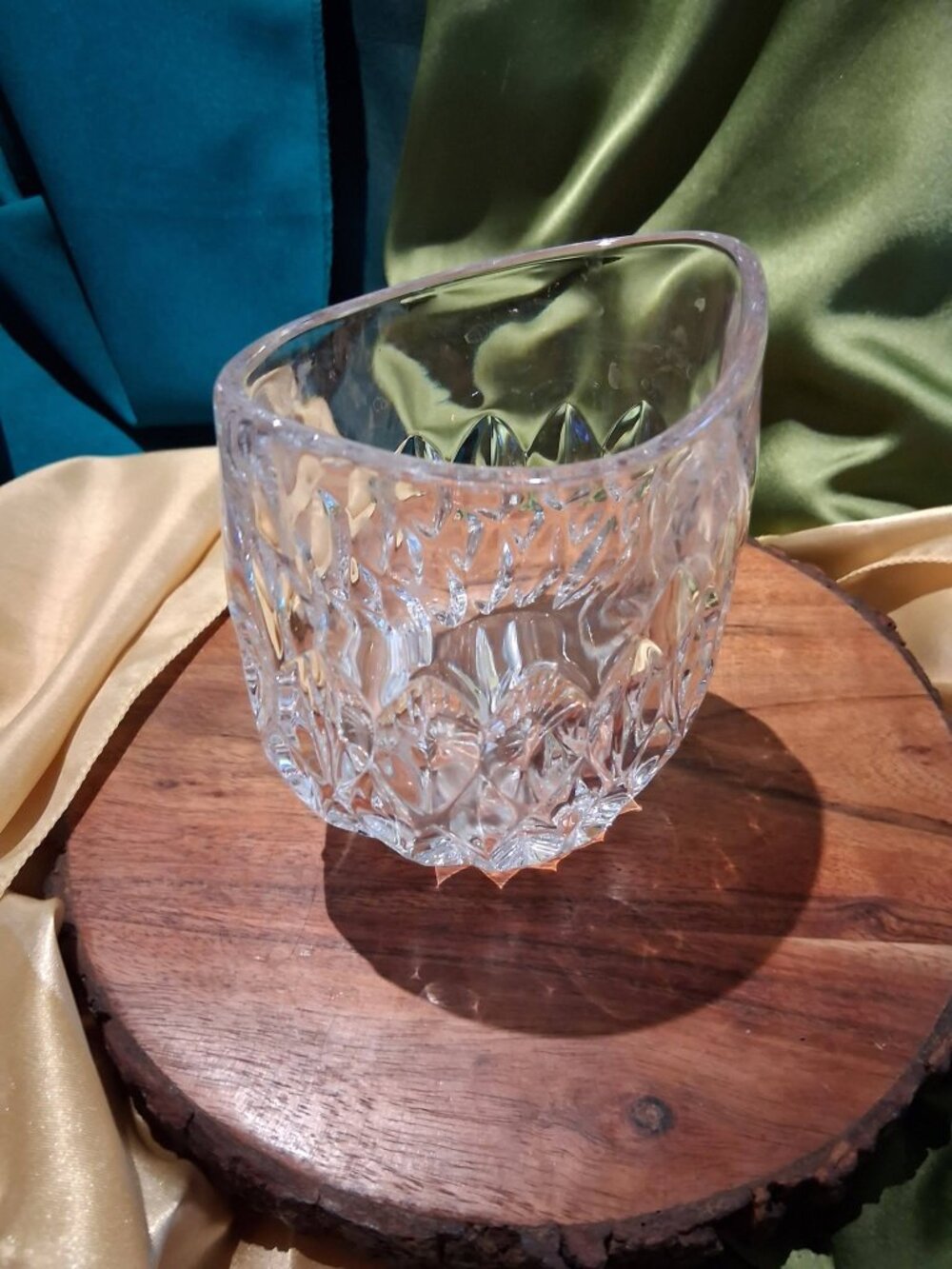 Vintage Heavy Cut Crystal Faceted Slanted Votive Candle Holder / Small Vase